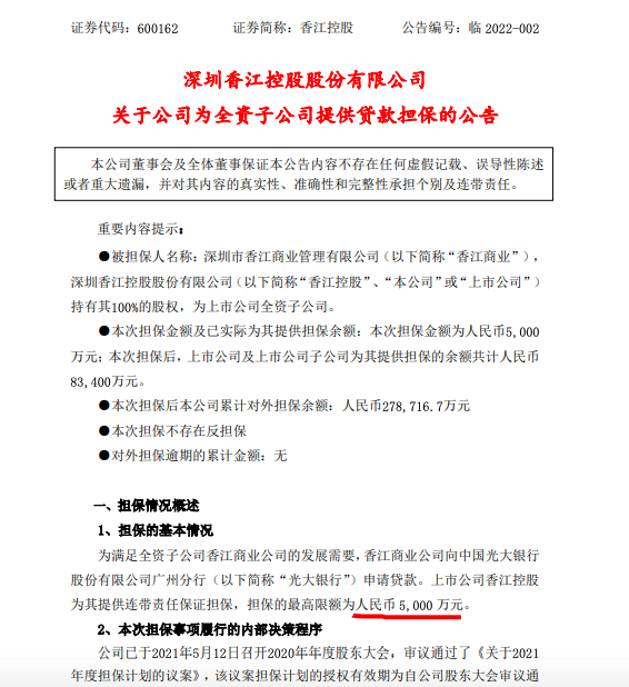 香江控股为子公司提供不超5000万贷款担保 累计担保余额27.87亿元