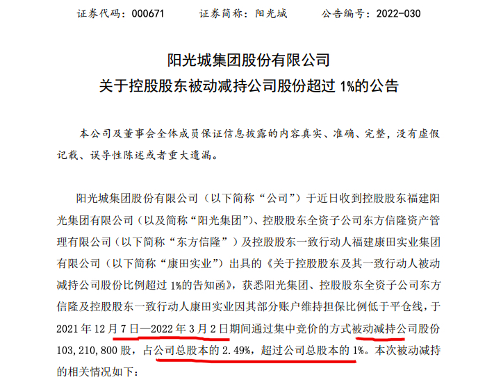 阳光城：去年12月7日以来控股股东被动平仓超2%持股比例降至39.47%