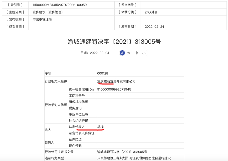 重庆招商置地因违法建设被罚近70万元
