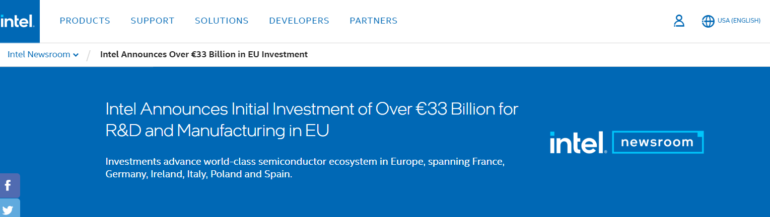 英特尔计划投资360亿美元在欧洲建厂 欲大幅提升欧洲半导体产能