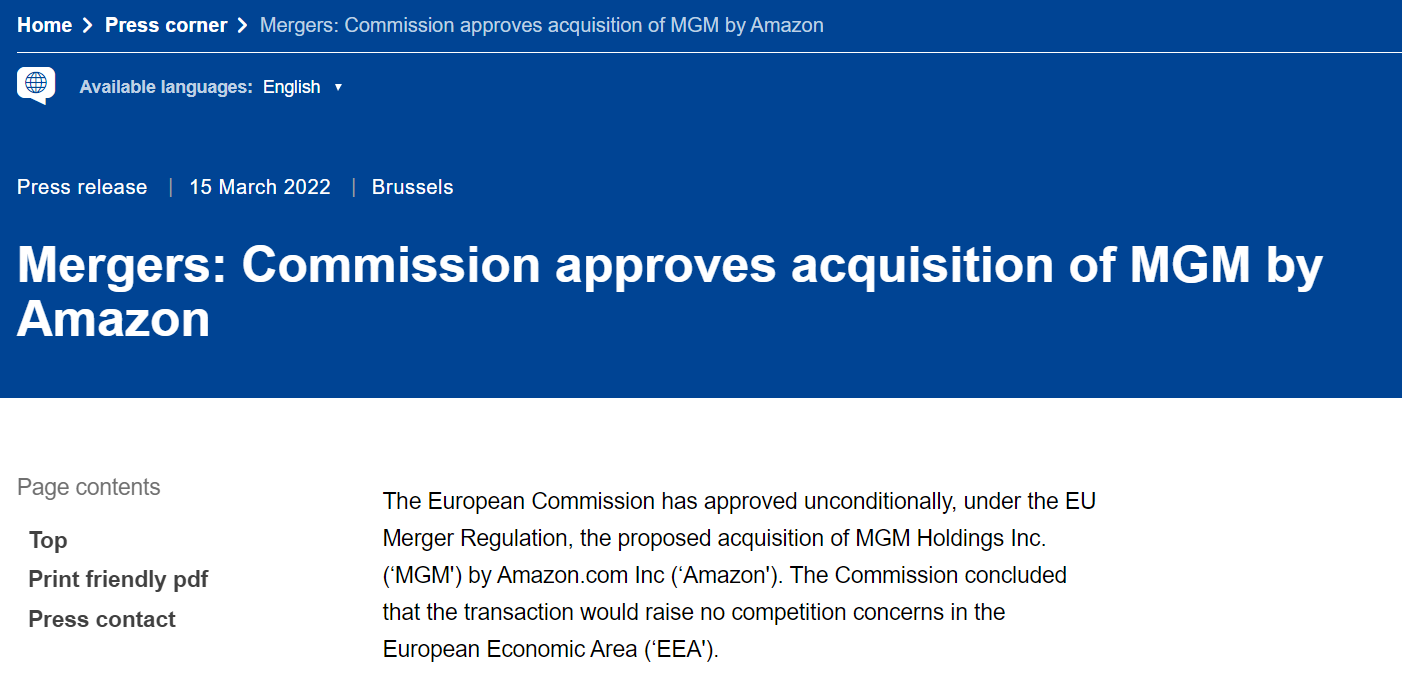 亚马逊收购米高梅已获得欧盟批准 “拦路虎”只剩下FTC了