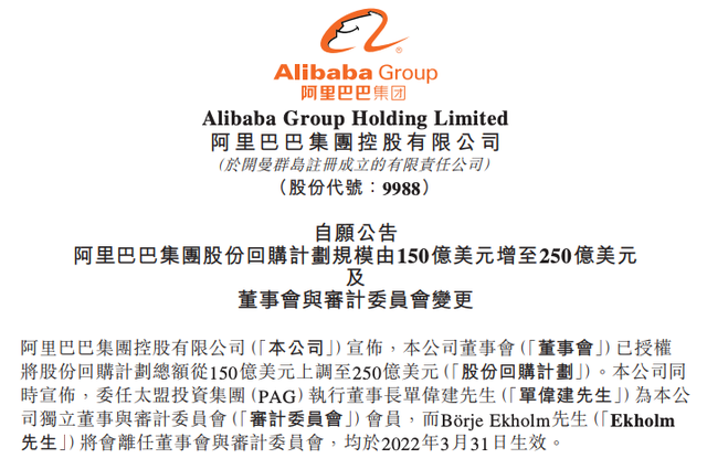 阿里巴巴扩大股份回购规模至250亿美元 任命单伟建为独立董事