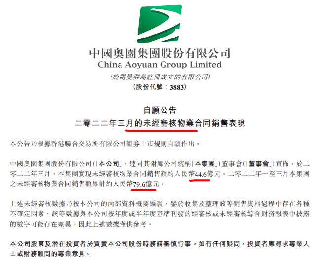 中国奥园前3月合同销售79.6亿元 累计交付面积超80万平方米