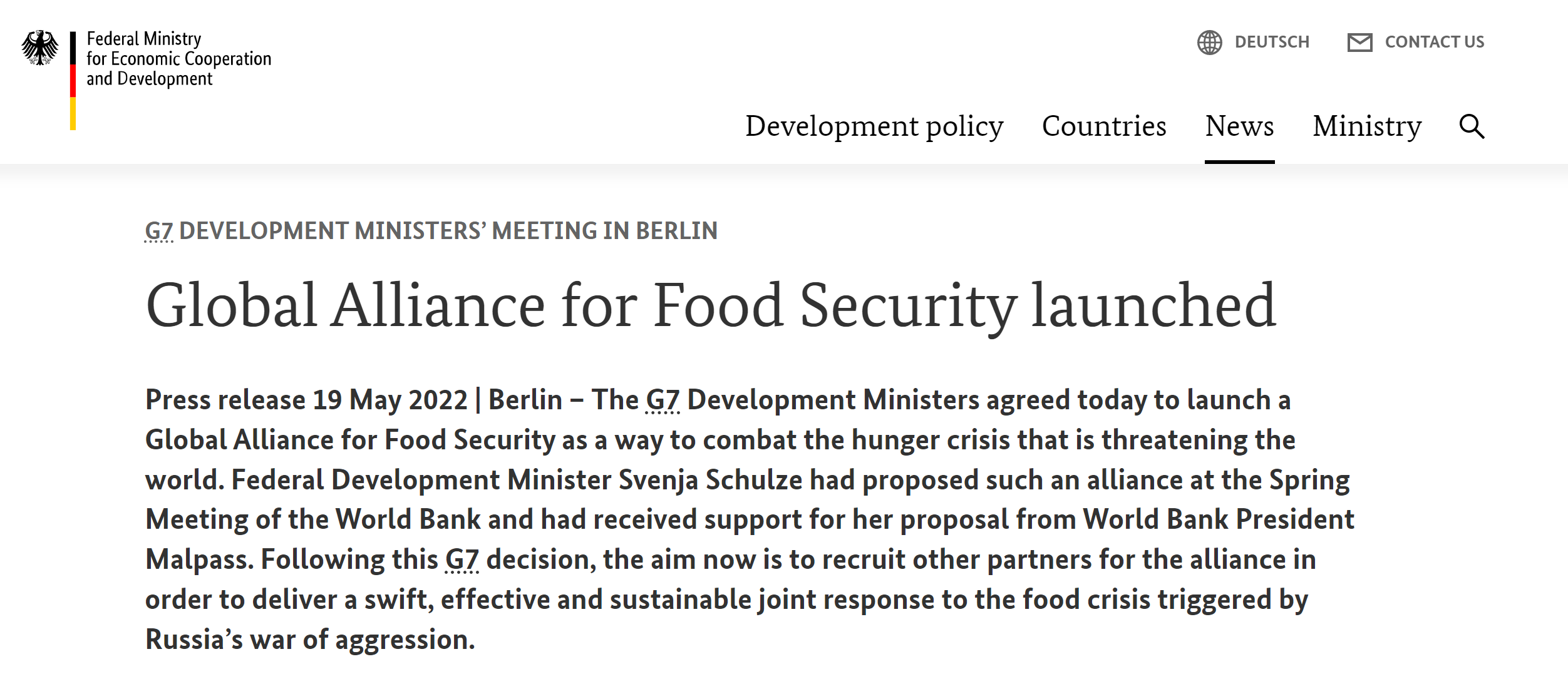 G7成立全球粮食安全联盟 应对二战以来最严重饥荒