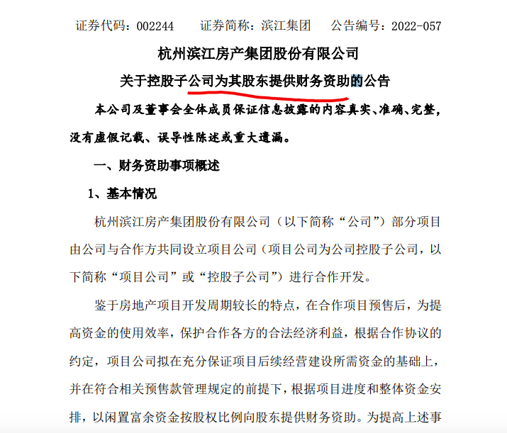 滨江集团：就项目公司向合作方股东提供不超186.2亿财务资助提请股东大会批准