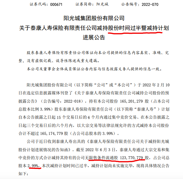 阳光城：泰康人寿近期减持2.99%股份 多只债券本息未足额偿付