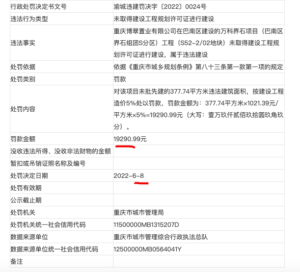 万科界石项目因违法违规建设开发商重庆博翠置业被罚