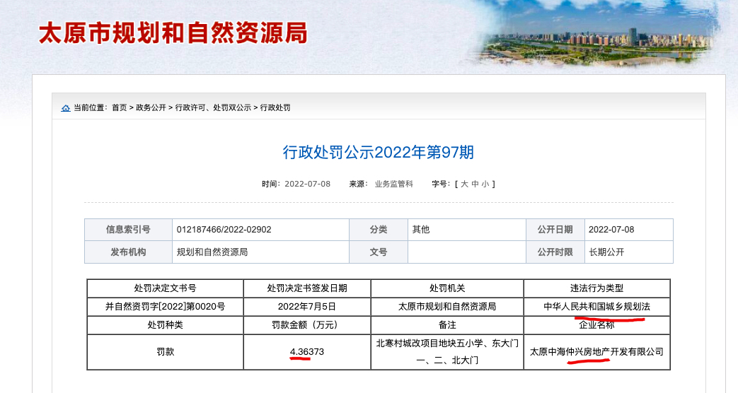 中海企业发展集团旗下太原中海仲兴房地产公司违反规划法被罚