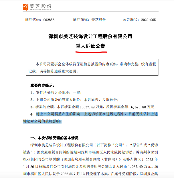 美芝股份：公司因房屋租赁合同纠纷起诉深圳报业集团被提起反诉