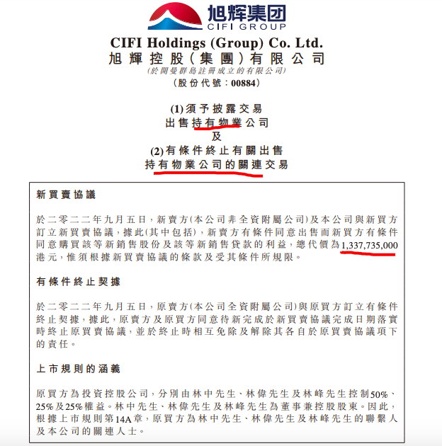 旭辉控股集团拟13.38亿港元出售香港项目予华王有限公司