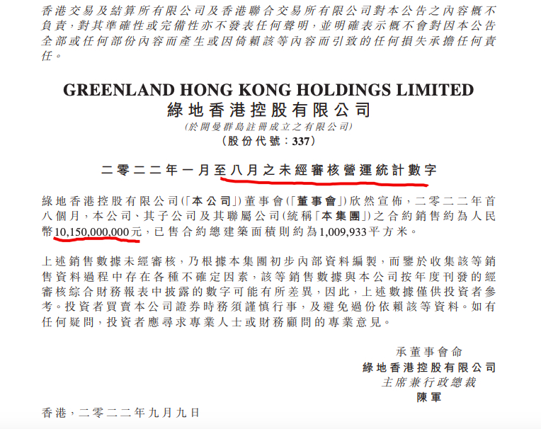 绿地香港前8月销售总额同比减少57.9% 单月销售同比减少64.7%