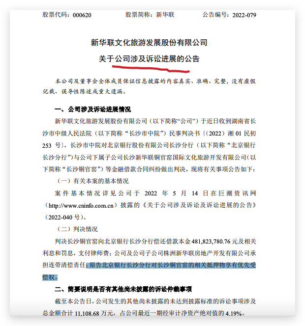 新华联：长沙铜官窑金融借款合同纠纷案判决结果 北京银行长沙分行有优先受偿权