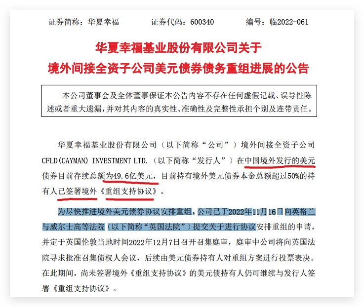 华夏幸福：境外子公司CFLD美元债券协议重组定于12月7日召开召集庭审