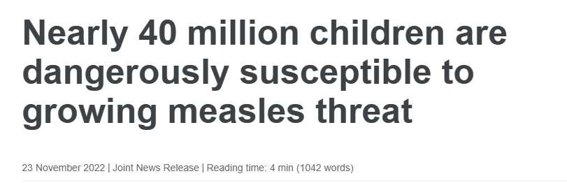 世卫和CDC警告：麻疹或带来全球威胁 近4000万儿童易感