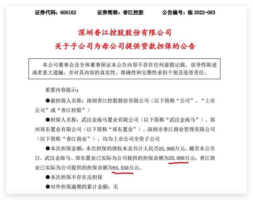香江控股：多家子公司为广州农商行2.5亿元借款提供担保