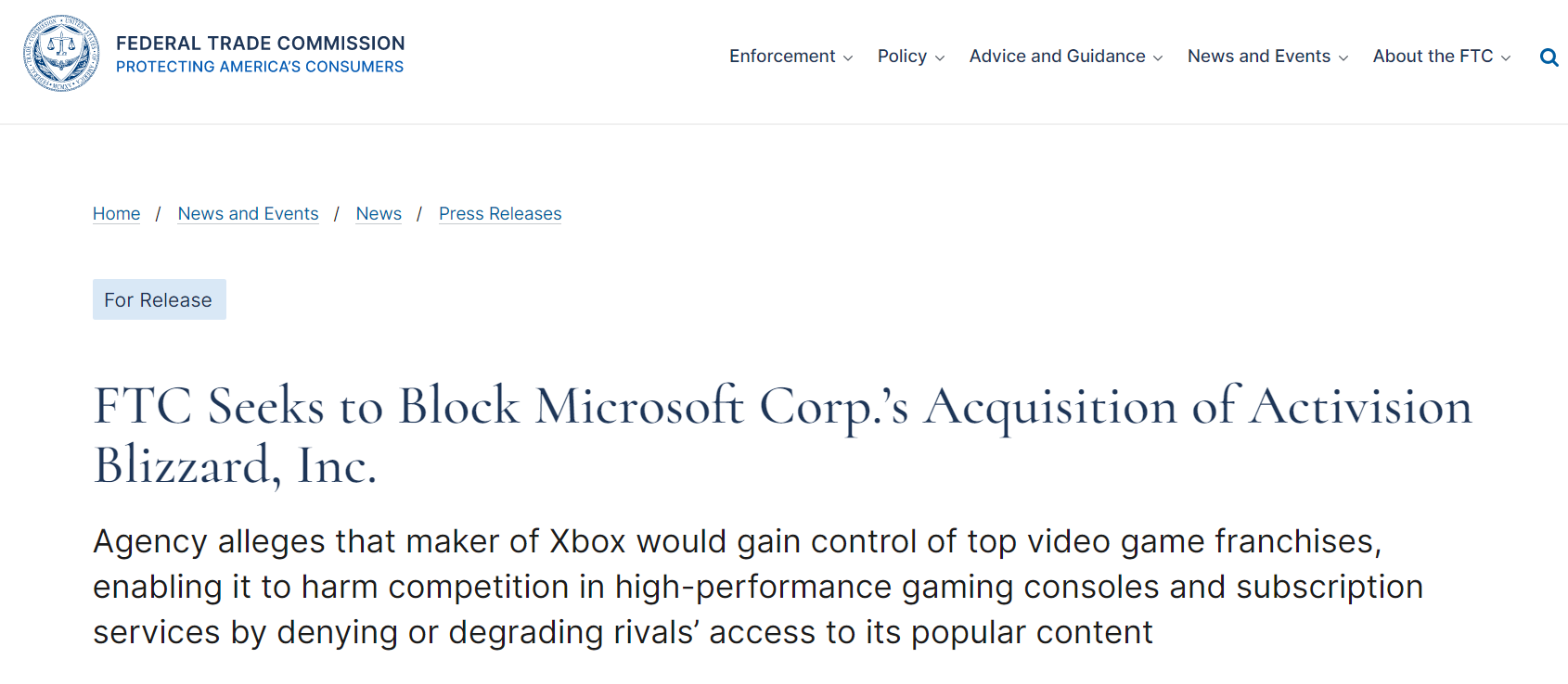 美国政府出手阻拦微软收购动视暴雪 公司回应：你要战便来战
